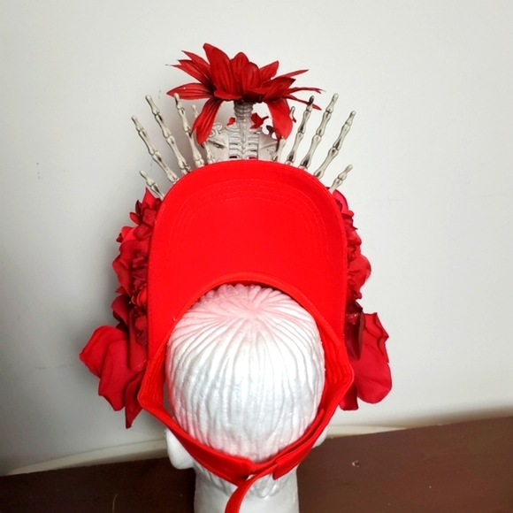 Red Floral Skeleton Skull Bone Floral Goth Headpiece Crown LED Light Up Headband - Picture 9 of 11